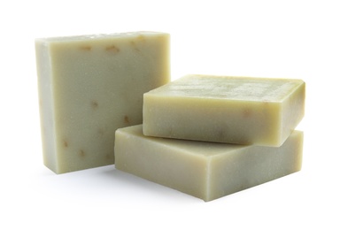 Hand made soap bars on white background