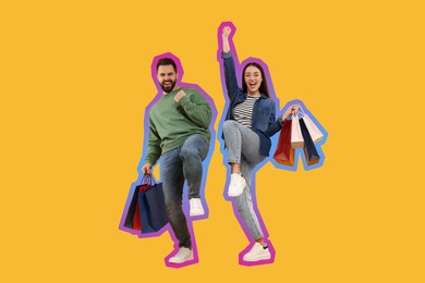 Image of Happy couple with shopping bags on orange background