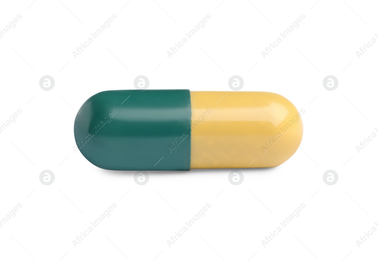 Photo of One pill on white background. Medicinal treatment