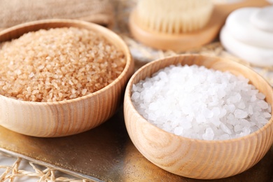 Salt for spa scrubbing procedure on tray, closeup