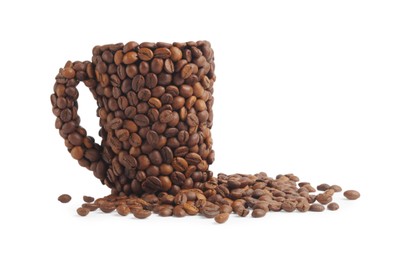 Photo of Cup of drink, composition made with coffee beans isolated on white