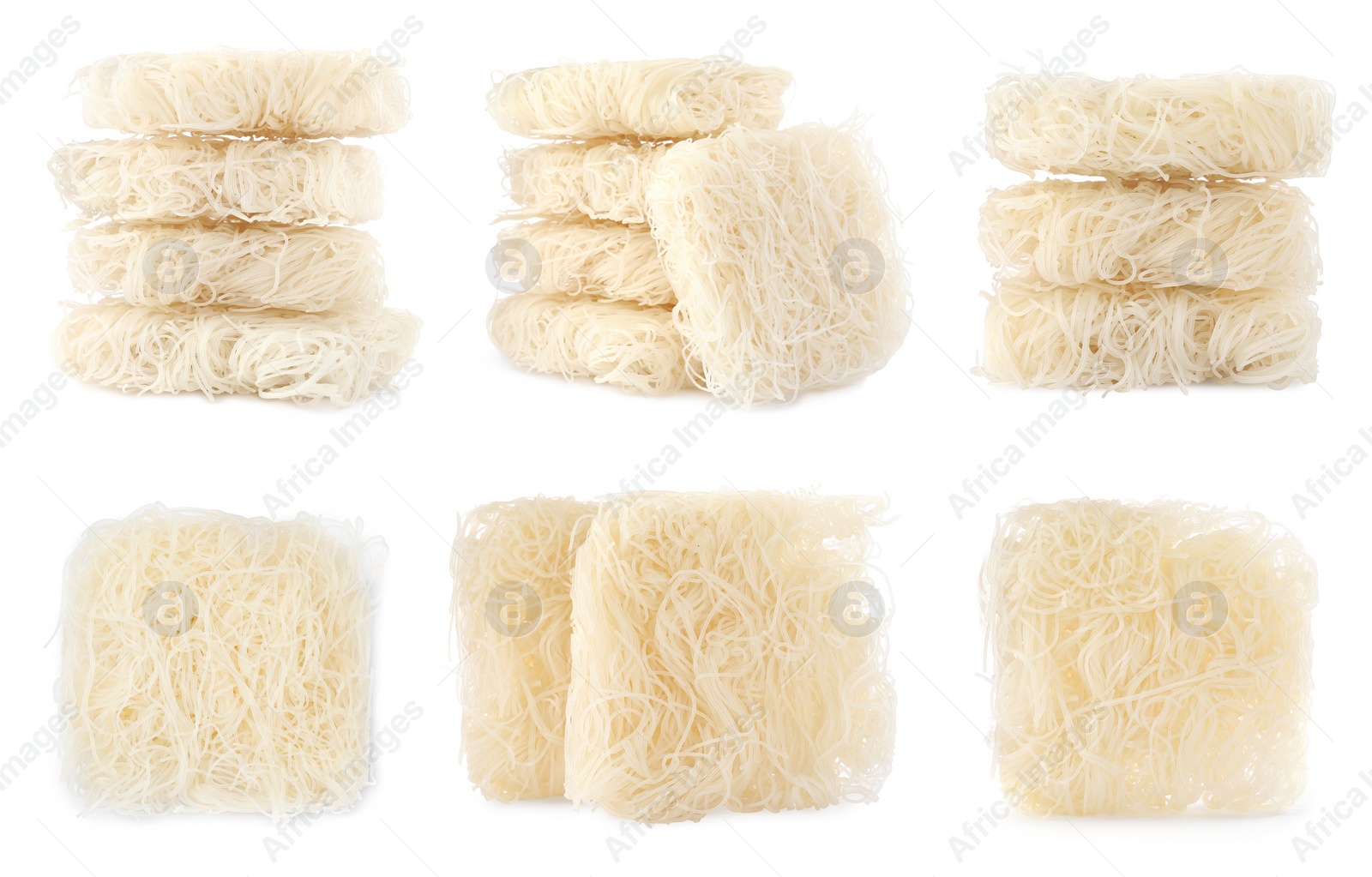 Image of Set with dried rice noodles on white background