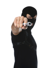 Photo of Professional killer with gun on white background