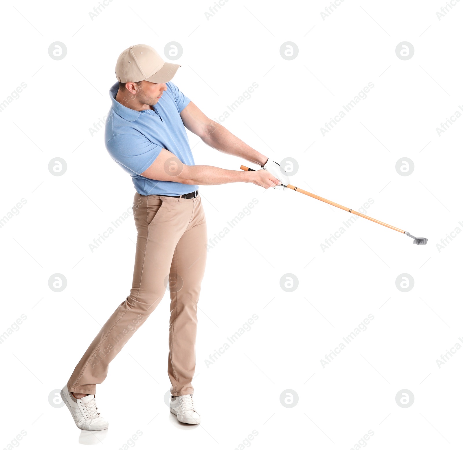 Photo of Young man playing golf on white background