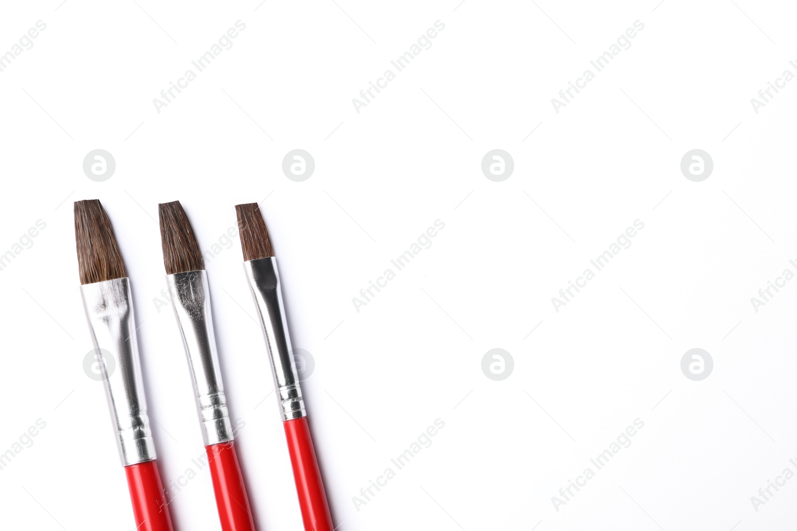 Photo of Different paint brushes on white background, top view. Space for text