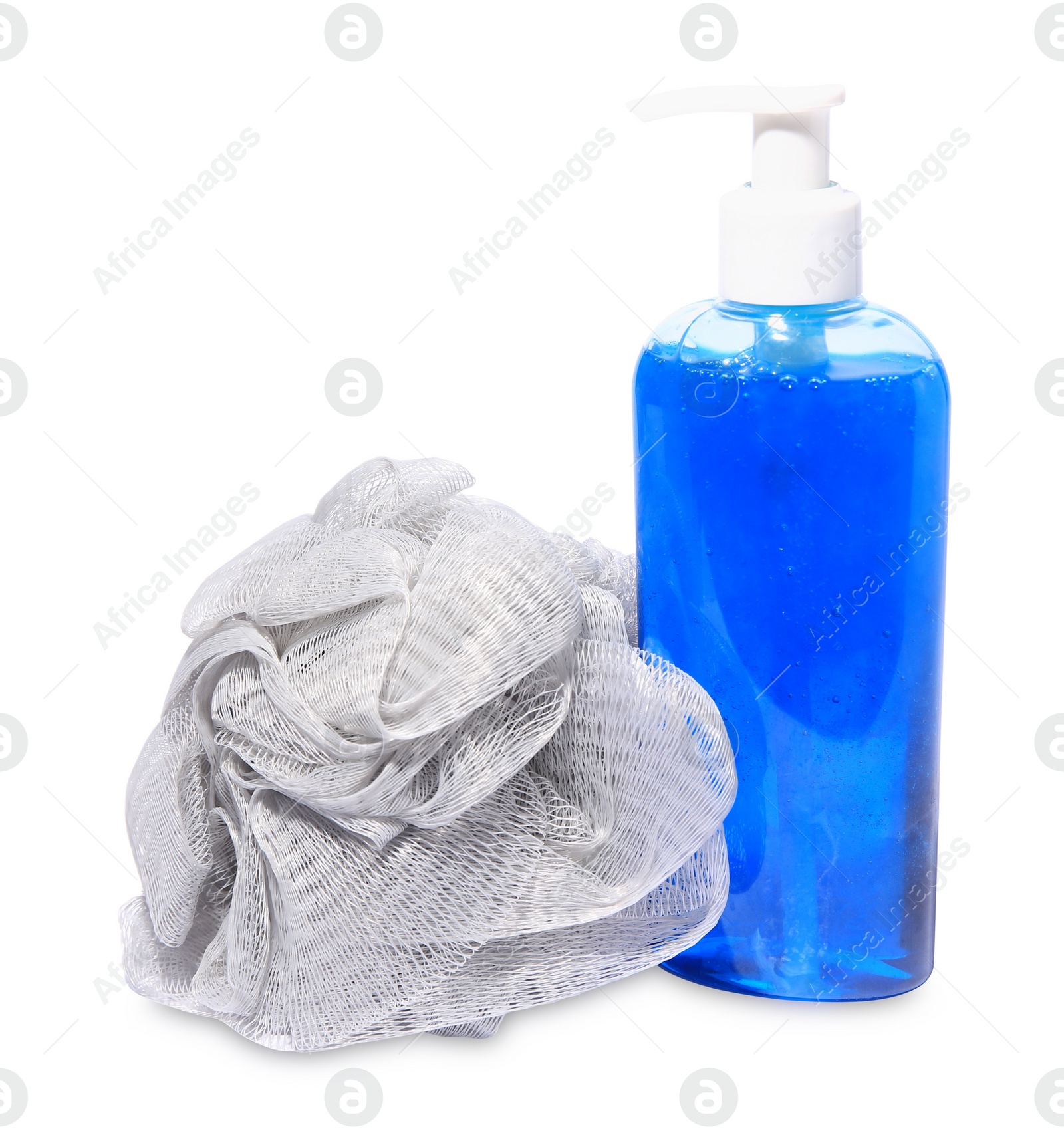 Photo of New grey shower puff and bottle of cosmetic product on white background