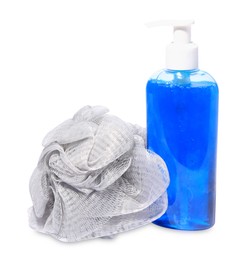 New grey shower puff and bottle of cosmetic product on white background