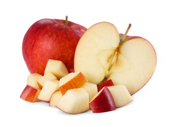 Photo of Whole and cut apples on white background