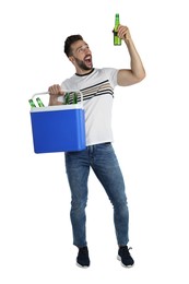 Photo of Happy man with cool box and bottles of beer on white background
