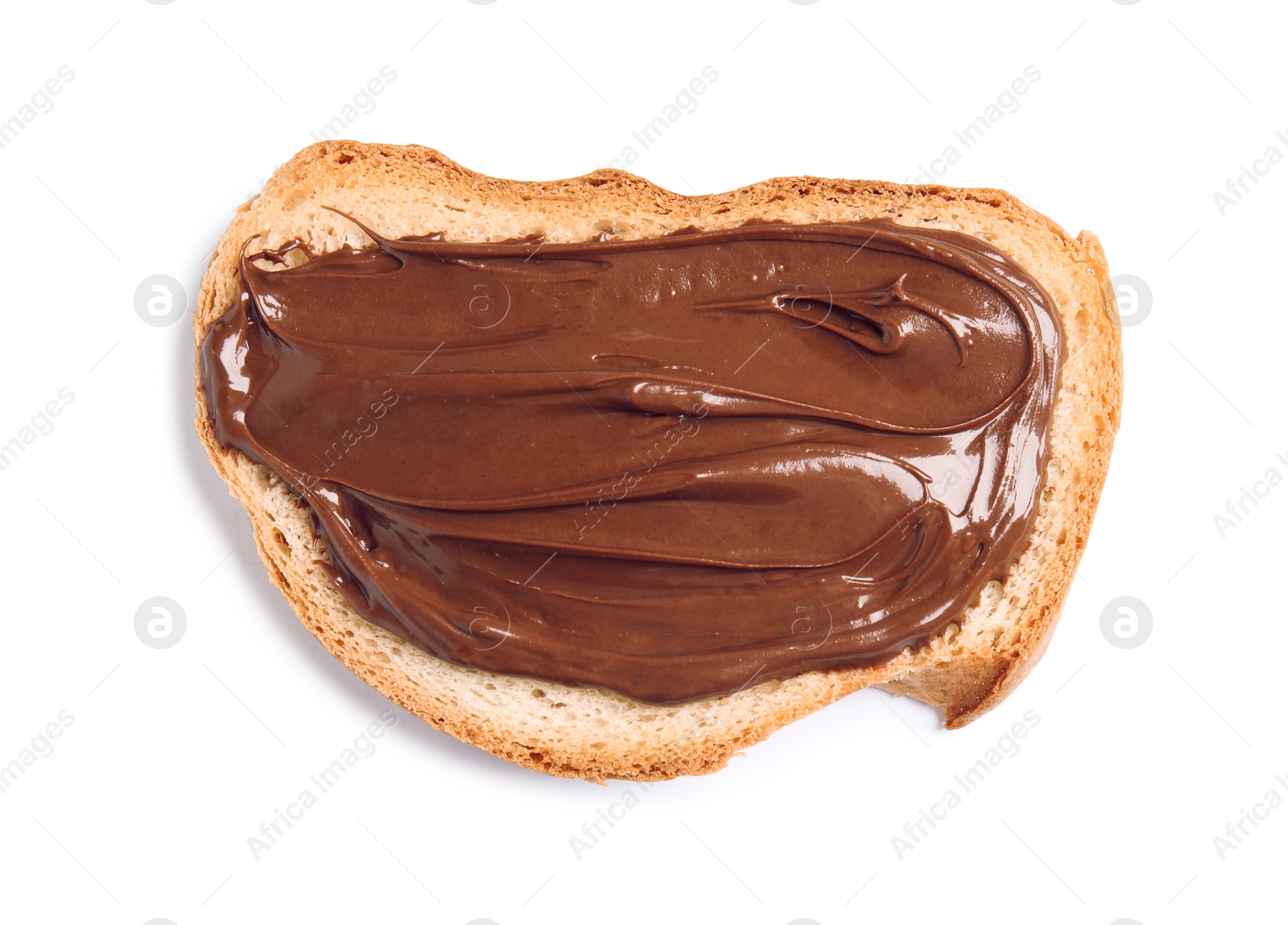 Photo of Bread with tasty chocolate cream isolated on white, top view