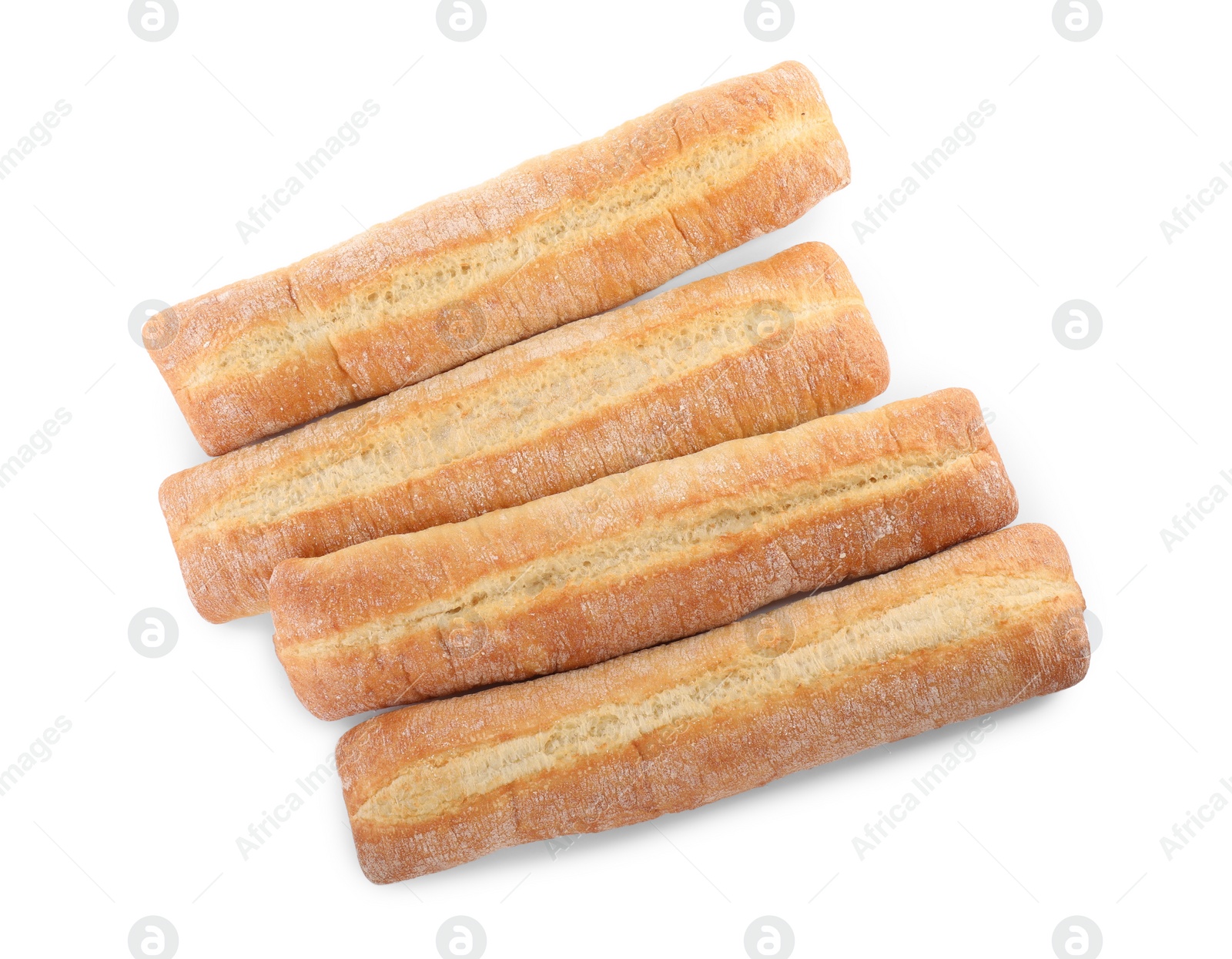 Photo of Tasty baguettes on white background, top view. Fresh bread