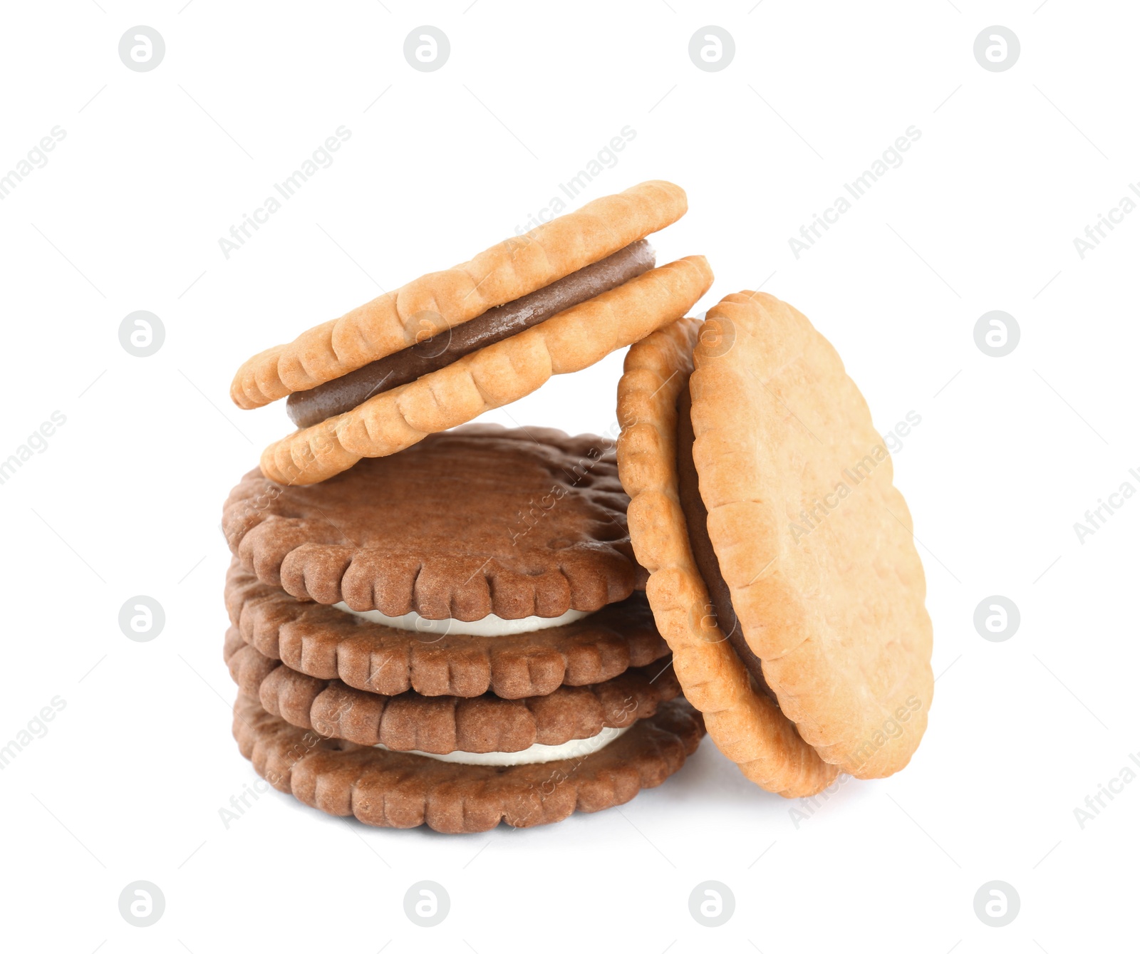 Photo of Different tasty sandwich cookies on white background