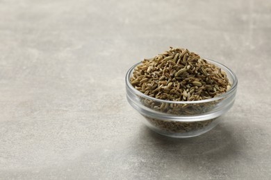 Fennel seeds in bowl on grey table, space for text