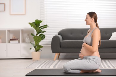 Pregnant woman sitting on yoga mat at home, space for text