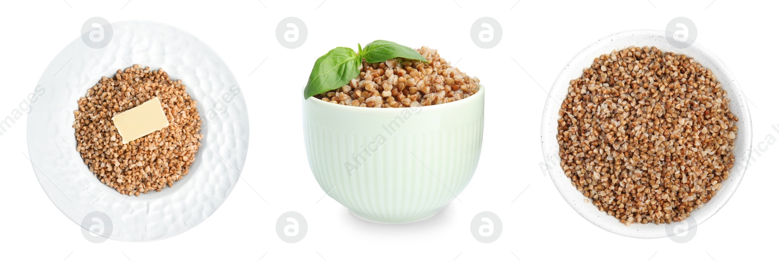 Image of Set with tasty buckwheat porridge on white background. Banner design