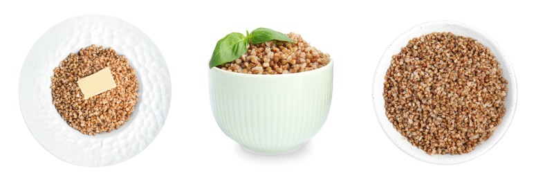 Image of Set with tasty buckwheat porridge on white background. Banner design