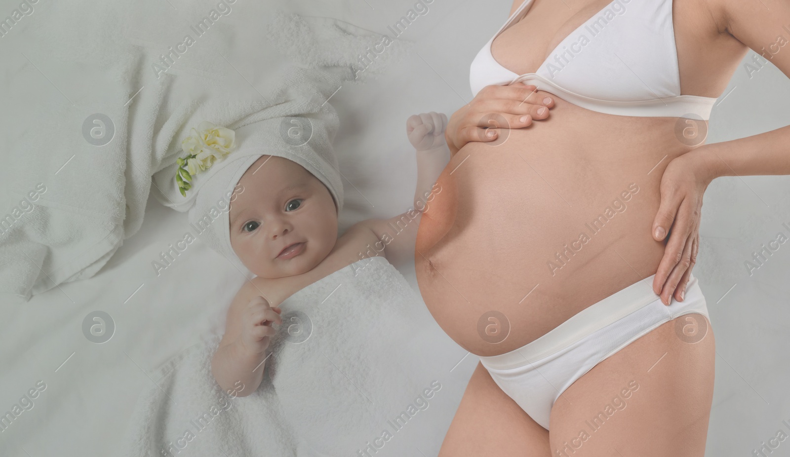 Image of Double exposure of pregnant woman and cute baby