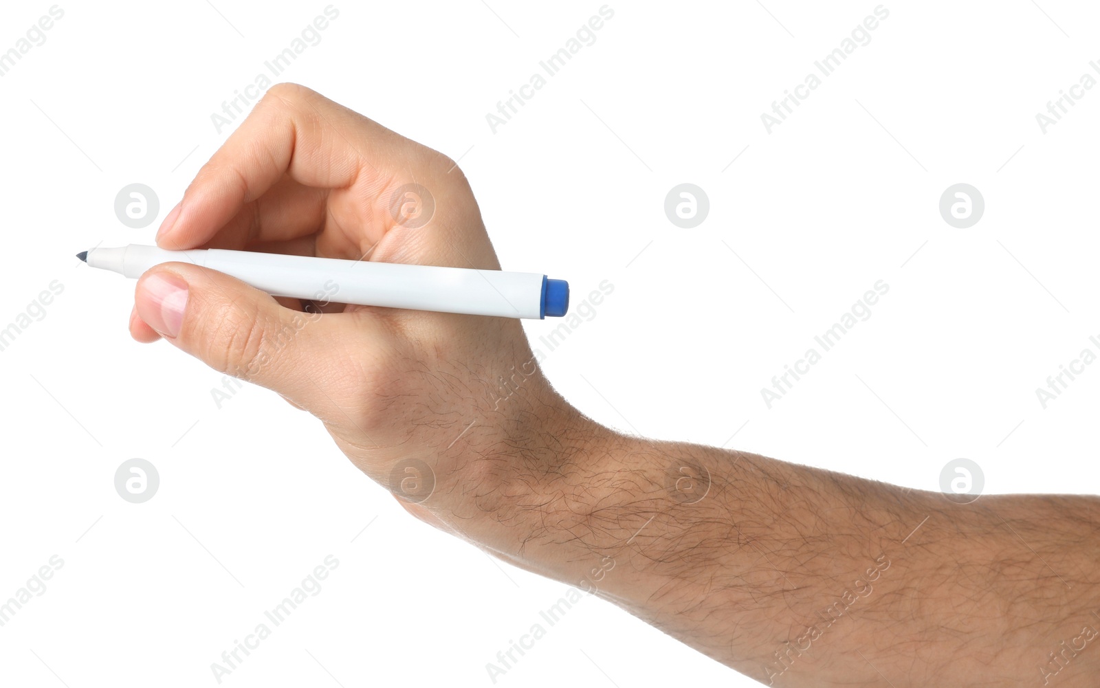 Photo of Man holding color marker on white background, closeup