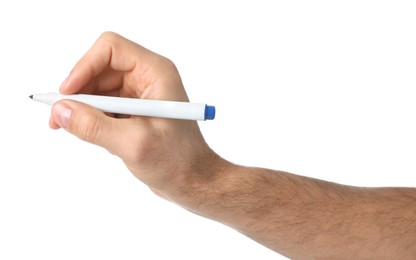 Photo of Man holding color marker on white background, closeup