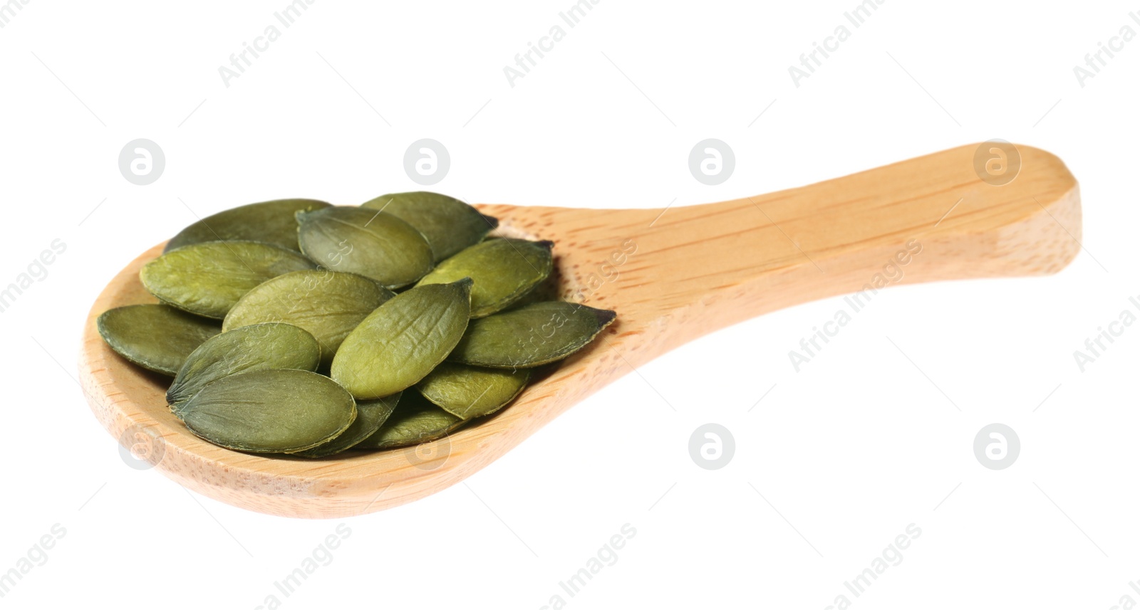 Photo of Wooden spoon with pumpkin seeds isolated on white