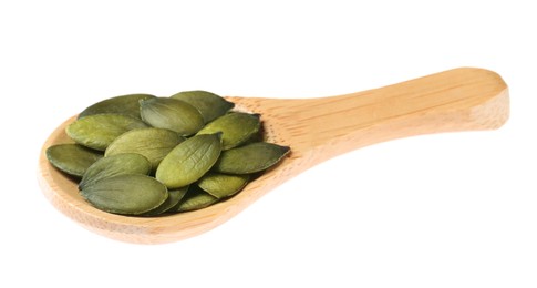 Wooden spoon with pumpkin seeds isolated on white