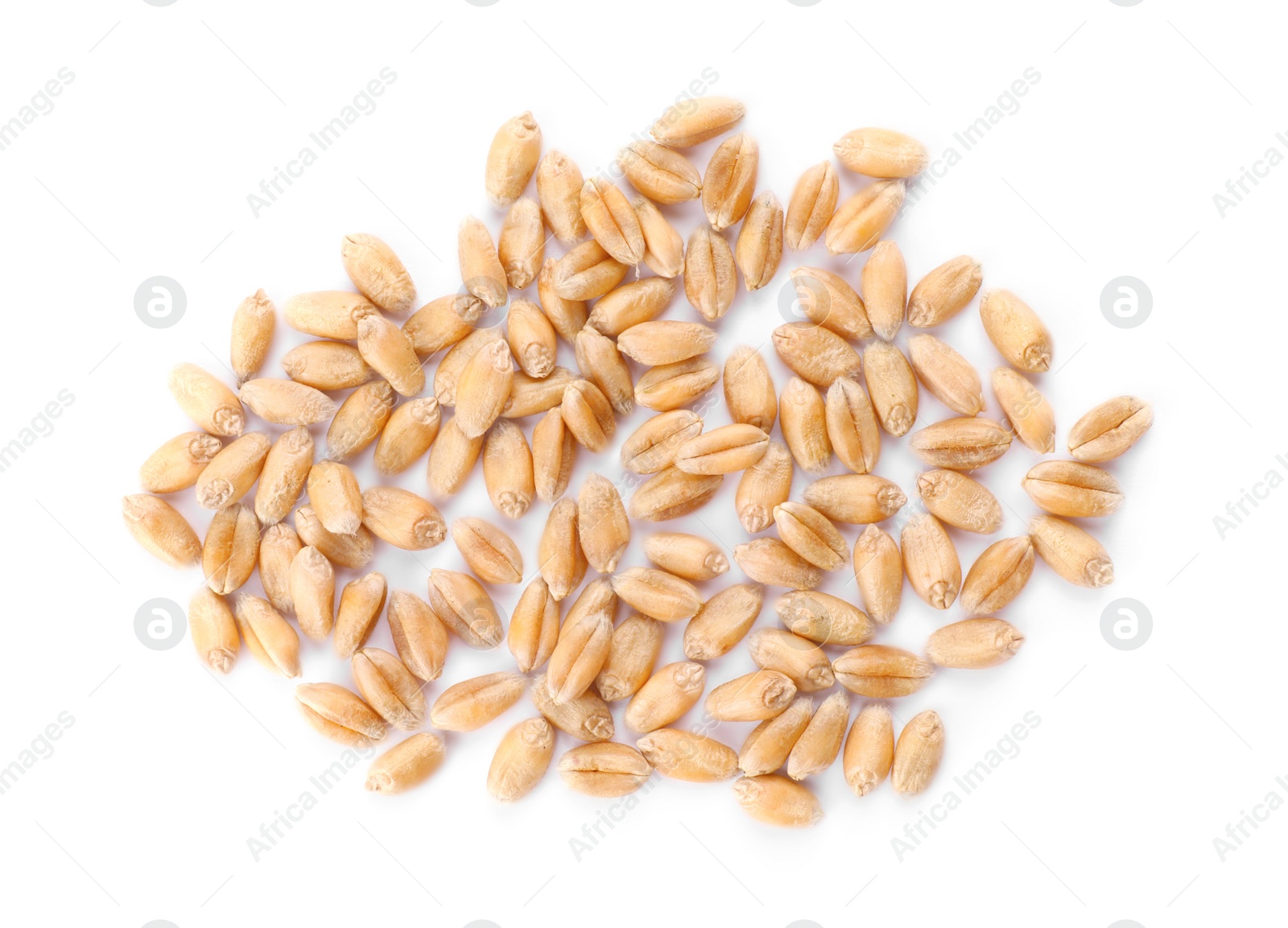 Photo of Pile of wheat grains on white background, top view