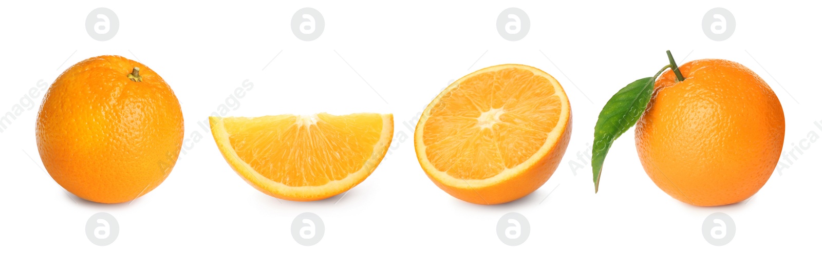 Image of Set with tasty ripe oranges on white background. Banner design 