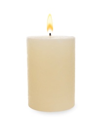 Photo of New pillar wax candle on white background