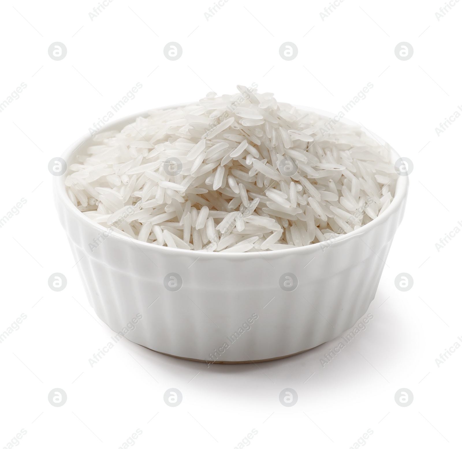 Photo of Raw basmati rice in bowl isolated on white