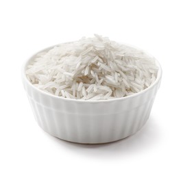 Raw basmati rice in bowl isolated on white