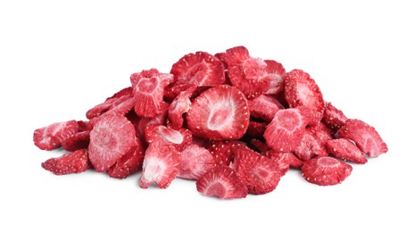 Photo of Pilefreeze dried strawberries on white background