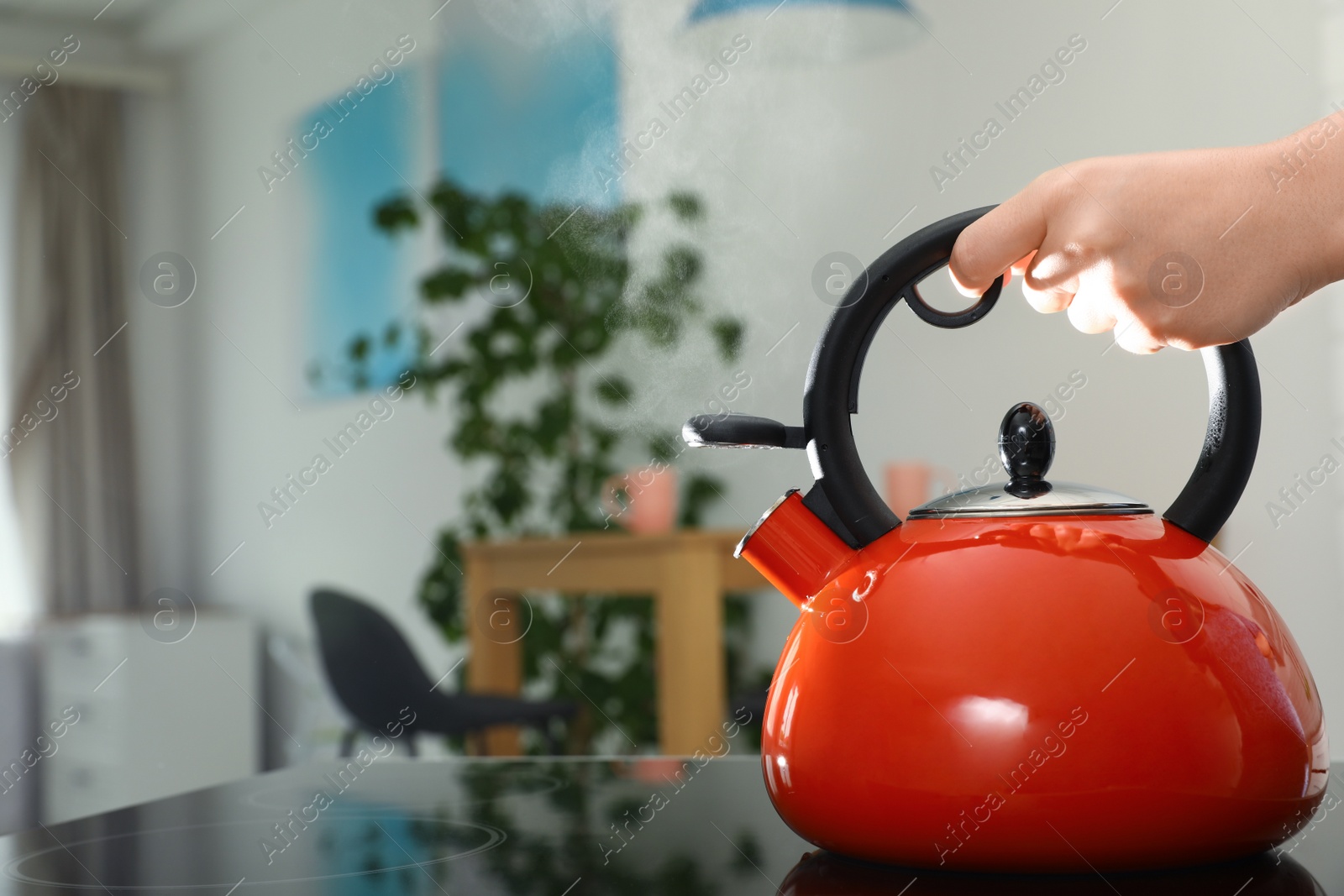 Photo of Woman holding modern kettle on stove in kitchen, closeup with space for text