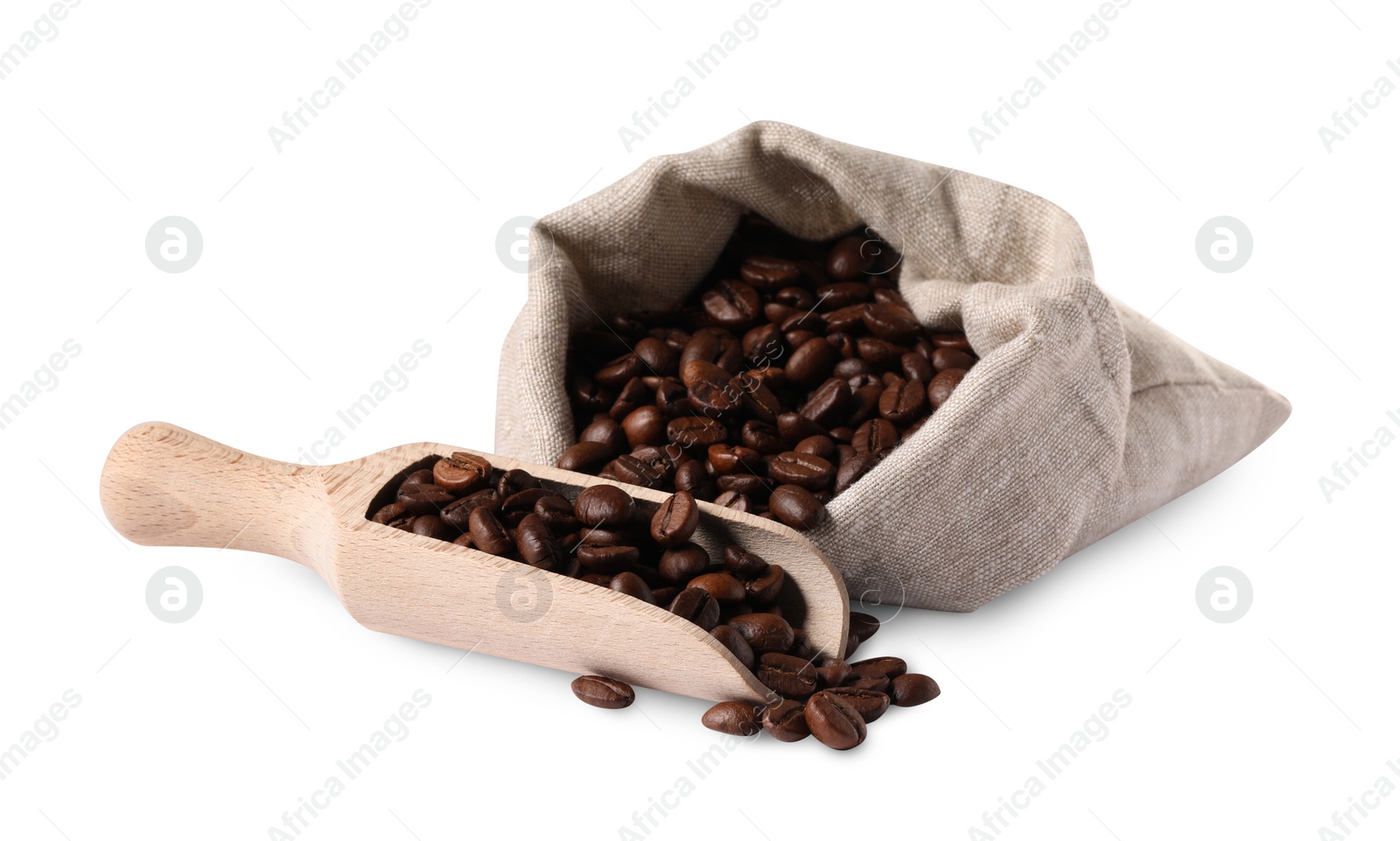 Photo of Bag and wooden scoop with roasted coffee beans isolated on white