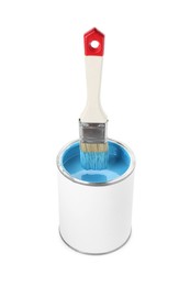 Photo of Brush with light blue paint over can isolated on white