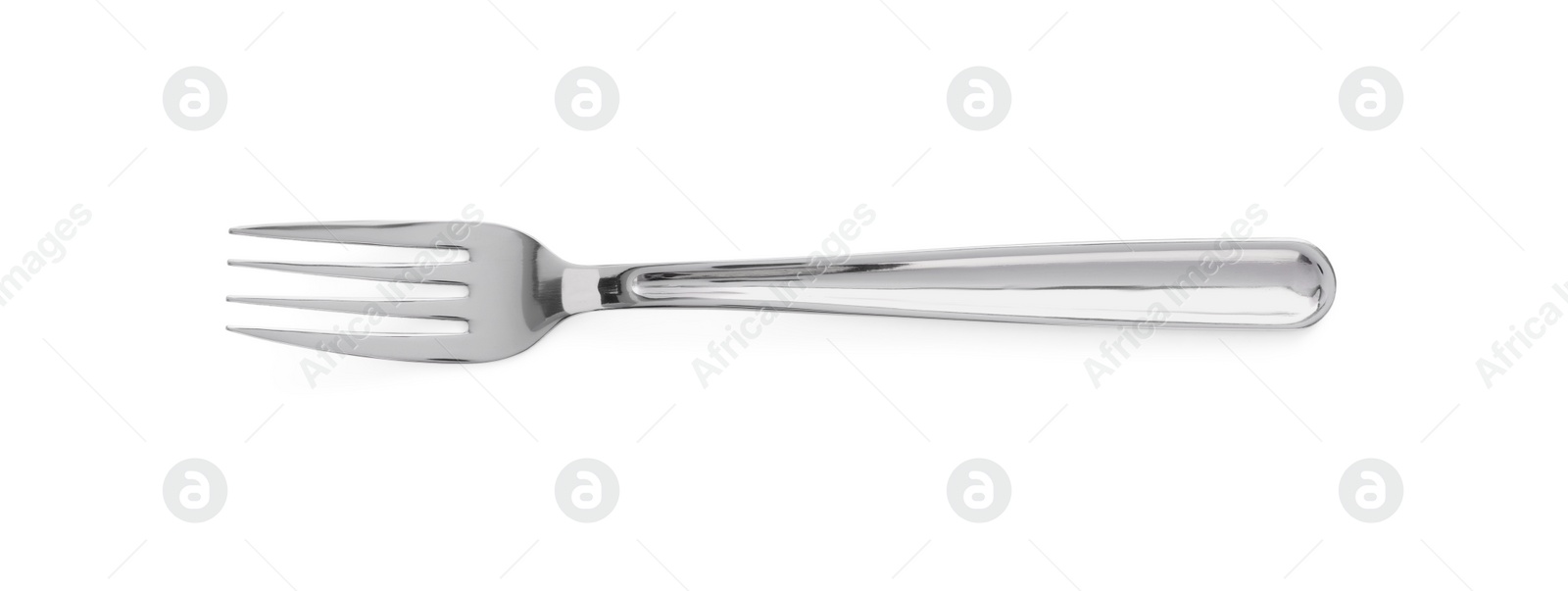 Photo of One shiny metal fork isolated on white, top view