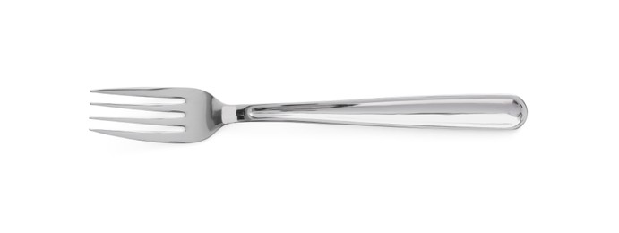 One shiny metal fork isolated on white, top view