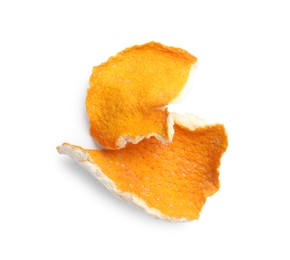 Photo of Dry orange peels on white background, top view