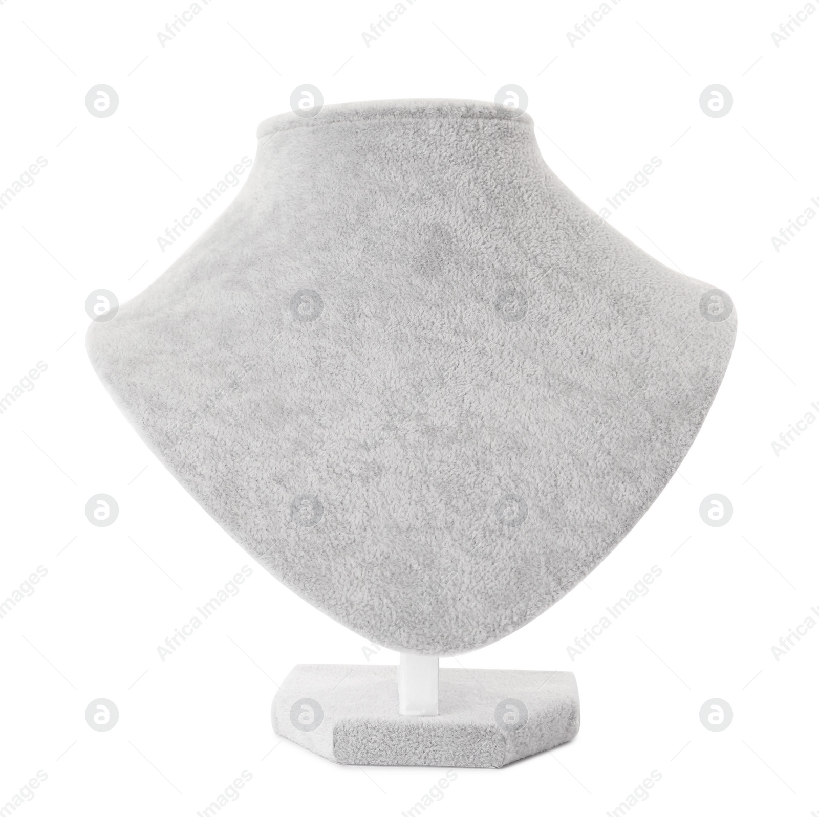 Photo of Empty light grey velvet mannequin jewelry bust isolated on white