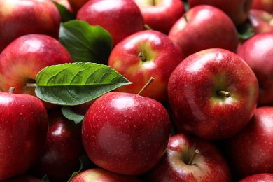 Photo of Pile of tasty red apples with leaves as background, closeup