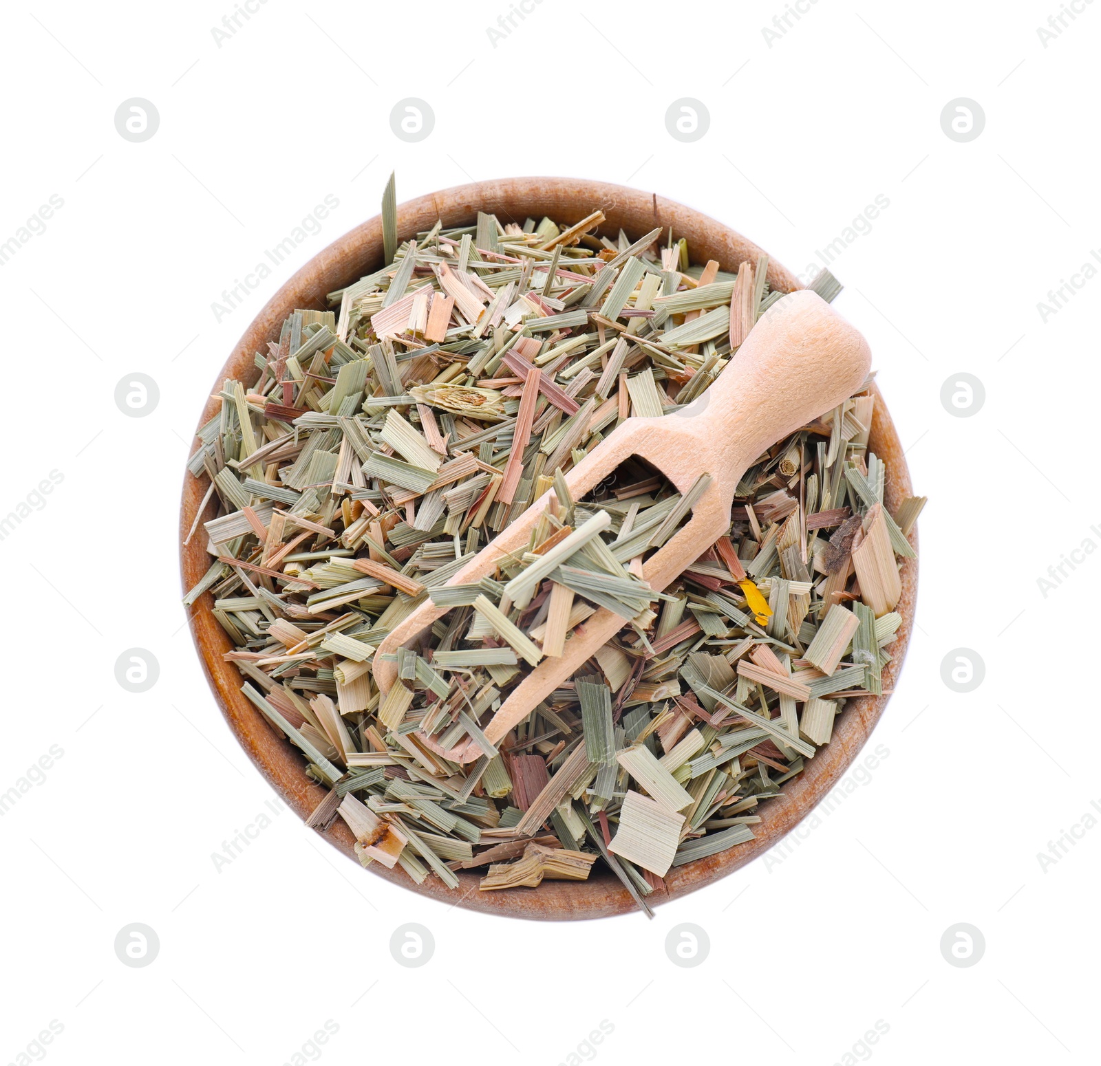 Photo of Wooden bowl of aromatic dried lemongrass and scoop isolated on white, top view