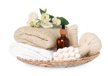 Photo of Beautiful composition with different spa products and flowers on white background