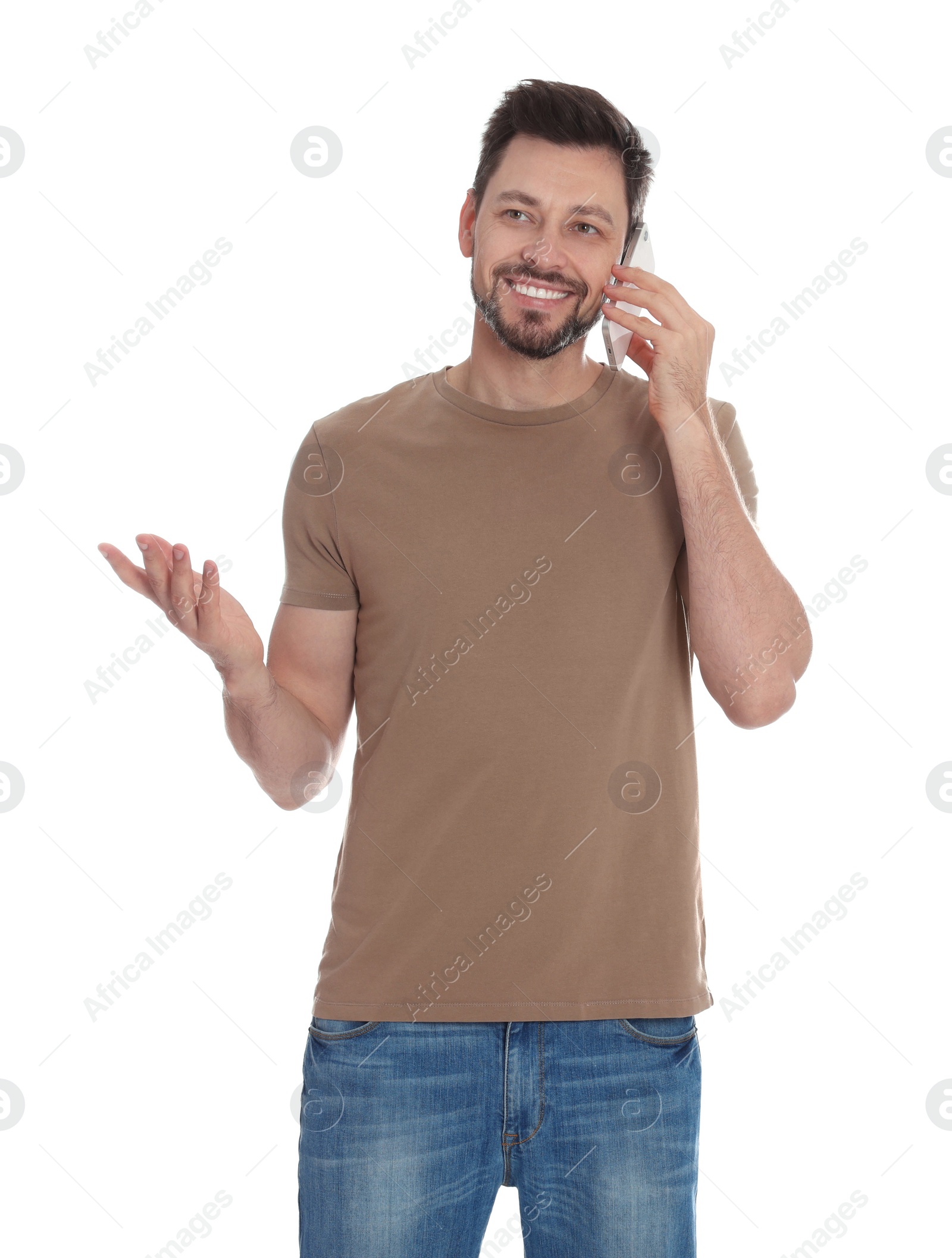 Photo of Man talking on phone against white background