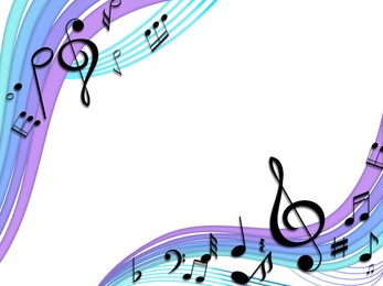 Illustration of Music notes and other musical symbols on color background