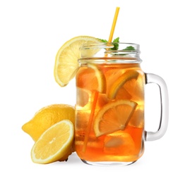 Photo of Mason jar of refreshing iced tea with lemon slices and mint on white background