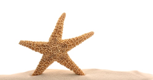 Pile of beach sand with sea star isolated on white