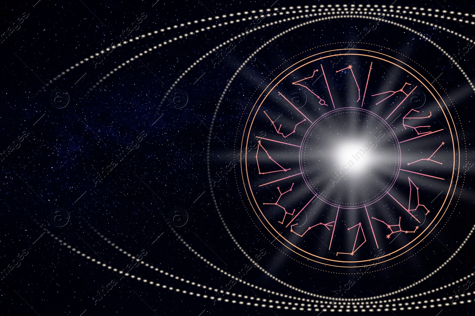 Image of Zodiac wheel with twelve signs on starry sky background, space for text. Horoscopic astrology