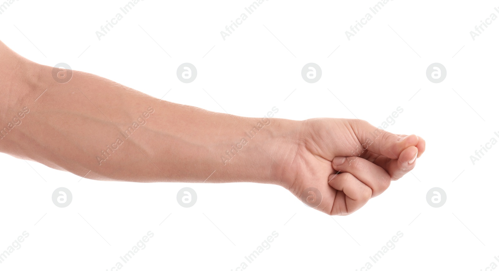 Photo of Man asking for money on white background, closeup. Hand gesture