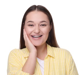 Smiling woman with dental braces on white background