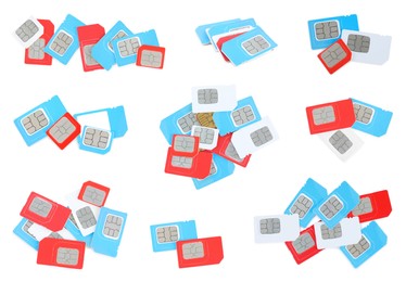 Set with different SIM cards on white background 