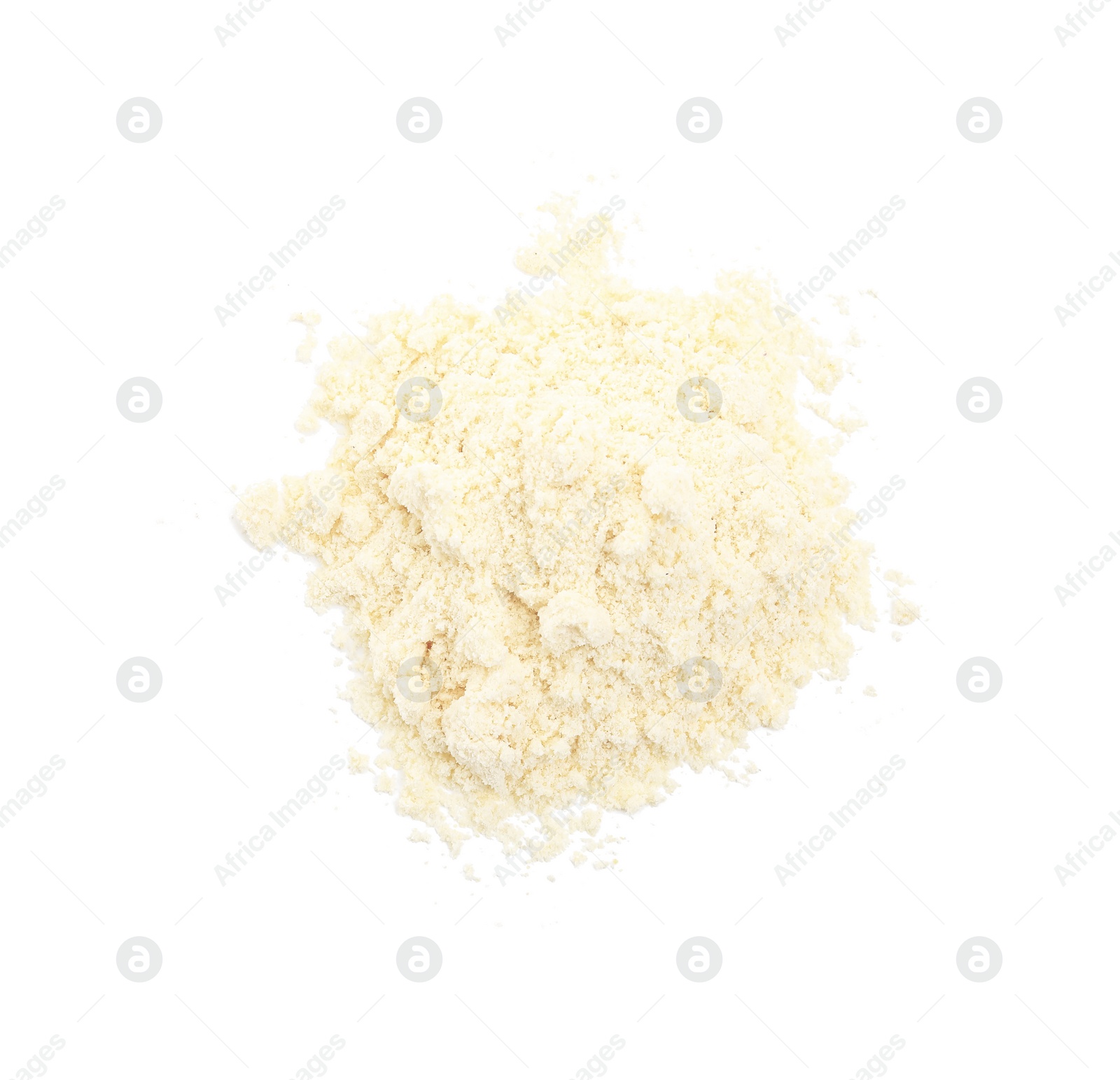 Photo of Pile of corn flour isolated on white, top view